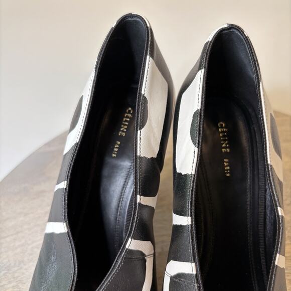 CELINE Paris Black White Graphic Leather Cone Heel Pumps Size 37 Made in Italy - Picture 9 of 14